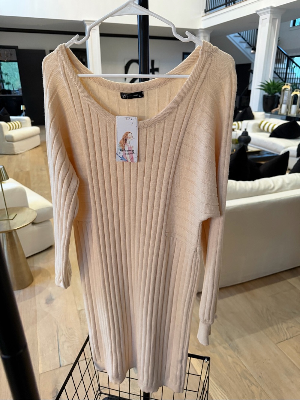 Ribbed Knit Long-Sleeve Sweater Dress - Cream